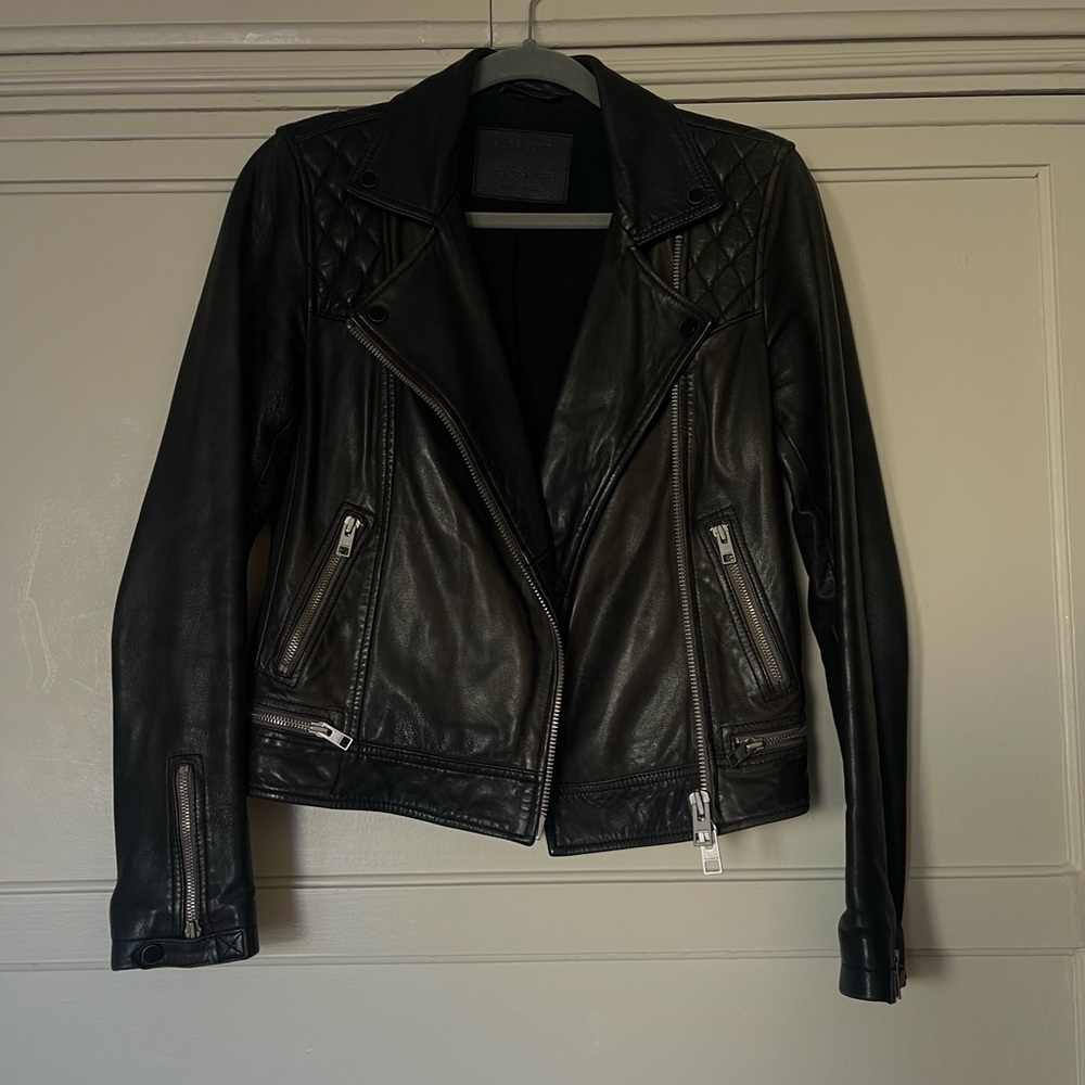 AllSaints Cargo Distressed Leather Biker Jacket sz 2